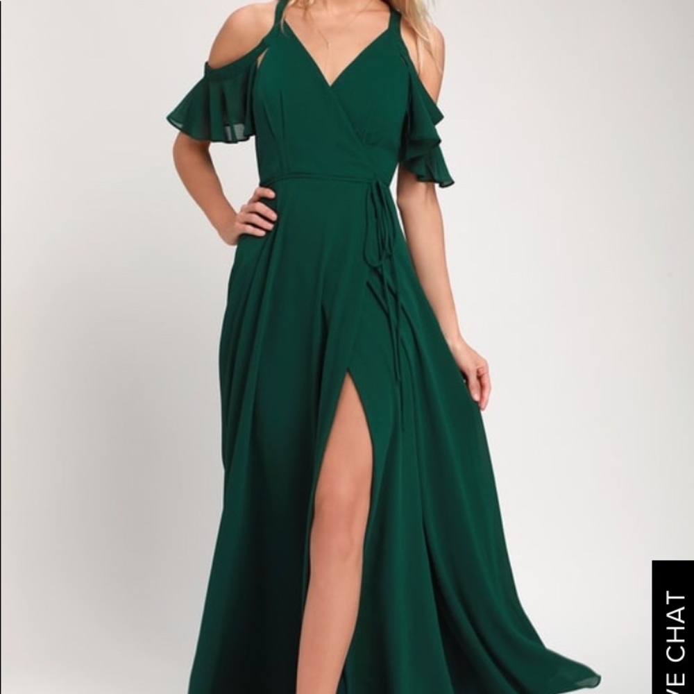 Lulu’s Off the Shoulder Wrap Dress Forest Green!